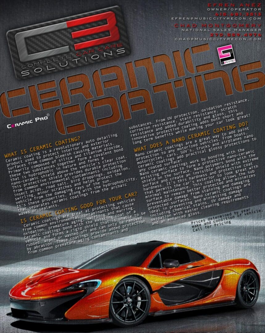 Ceramic coating advertisement with orange sports car.