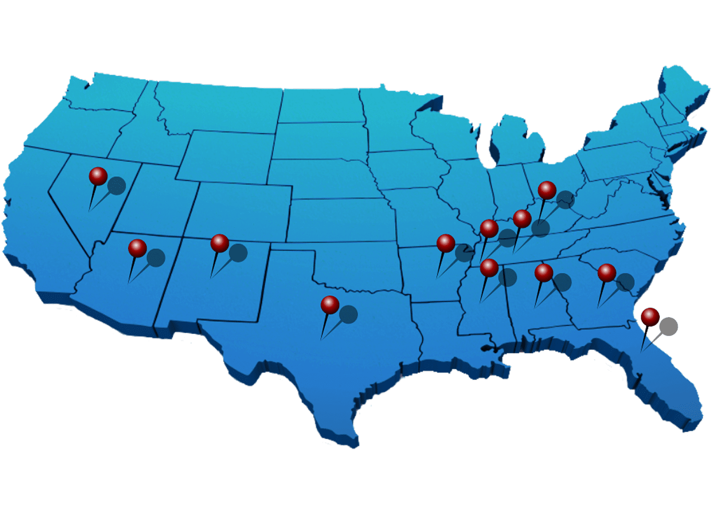 Map of the USA with red location pins.