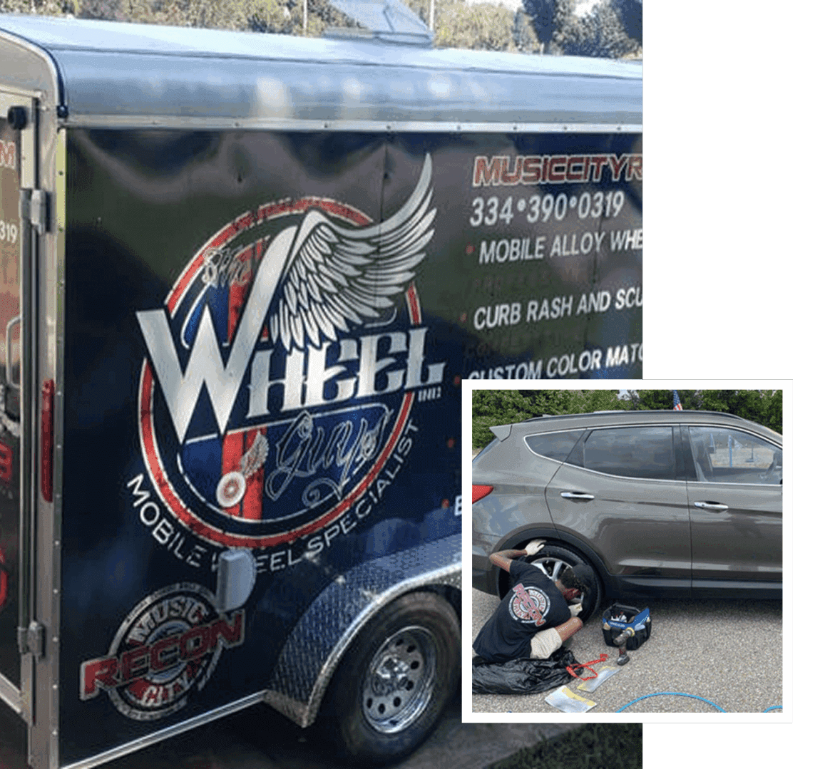 Mobile wheel repair service with trailer.