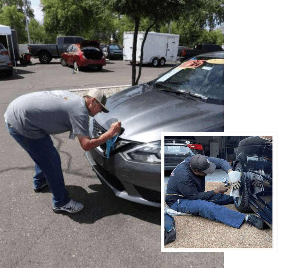 Man polishing car and fixing wheel.