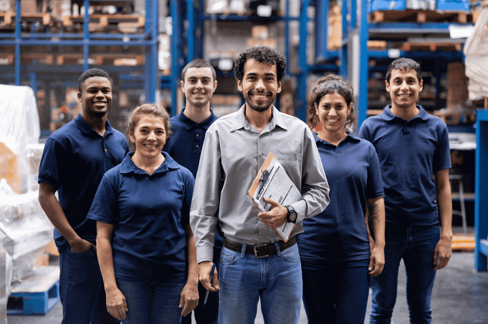 Warehouse team posing and smiling together.